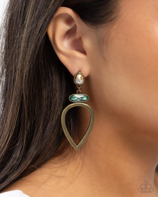 Cultured Chic - Brass, Light Topaz & Blue Gem Teardrop Earring Paparazzi E2807