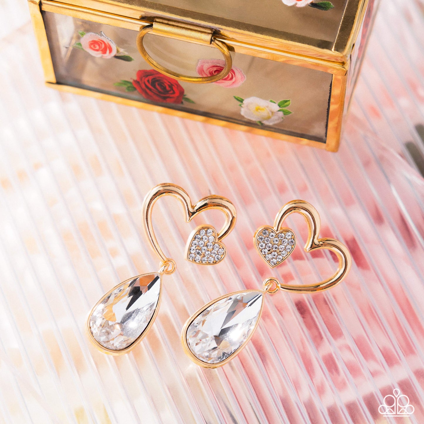 Coupling Up - Gold Heart & White Rhinestone Post Earring Paparazzi E2576