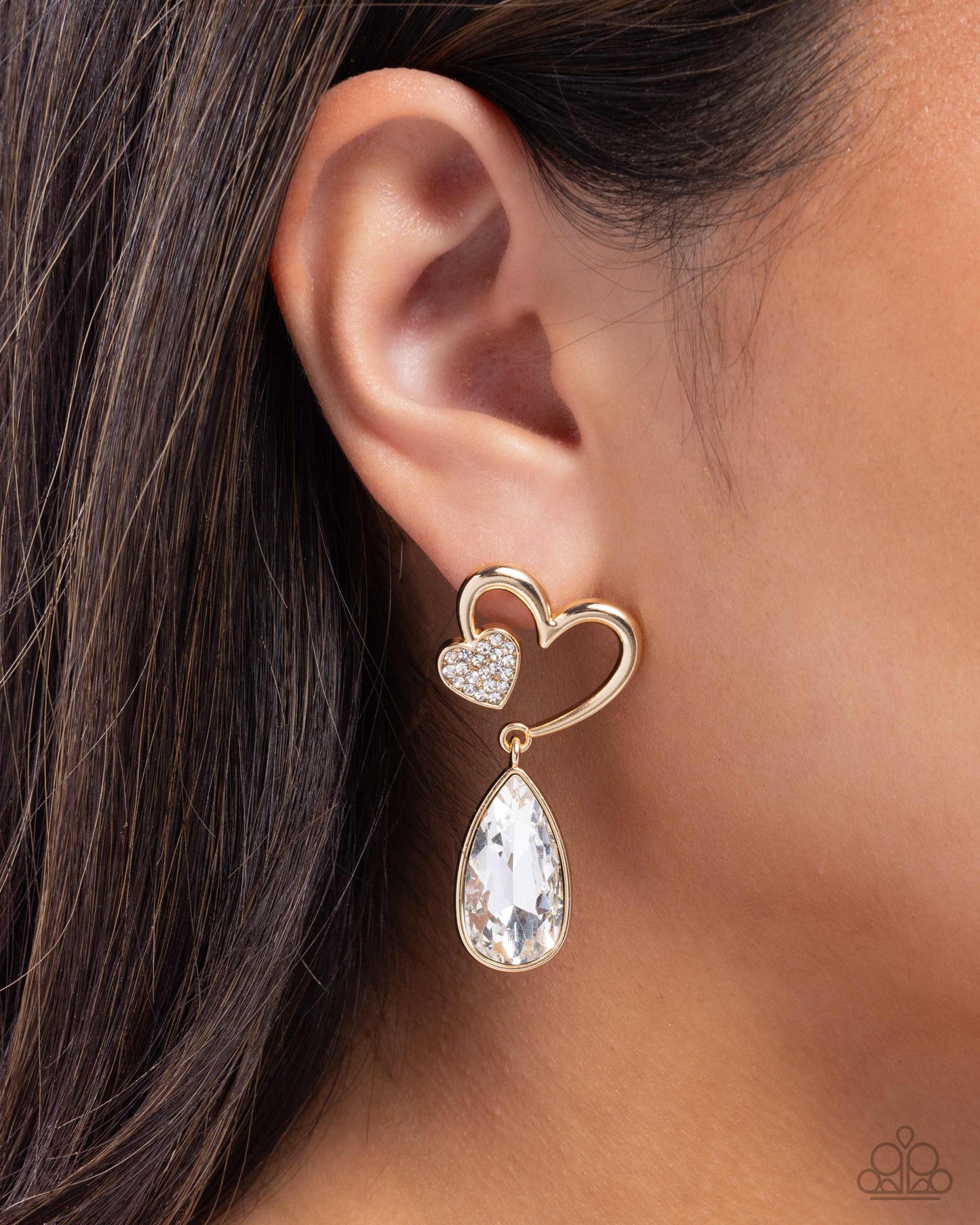Coupling Up - Gold Heart & White Rhinestone Post Earring Paparazzi E2576