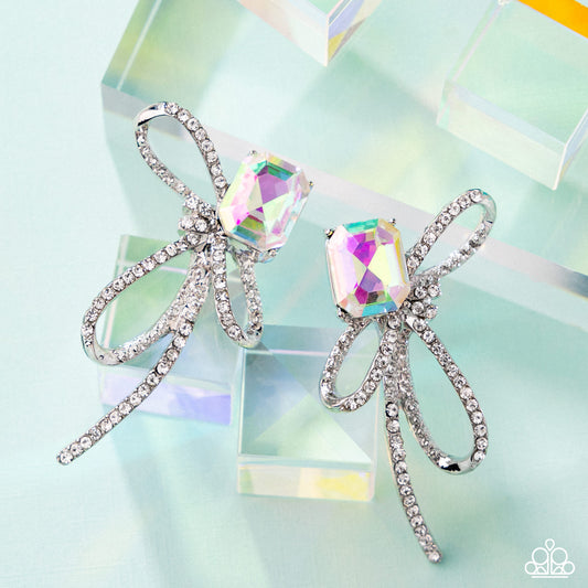 Positively Radiant - Multi UV Shimmer Gem & White Rhinestone Bow Style Post Earring Paparazzi