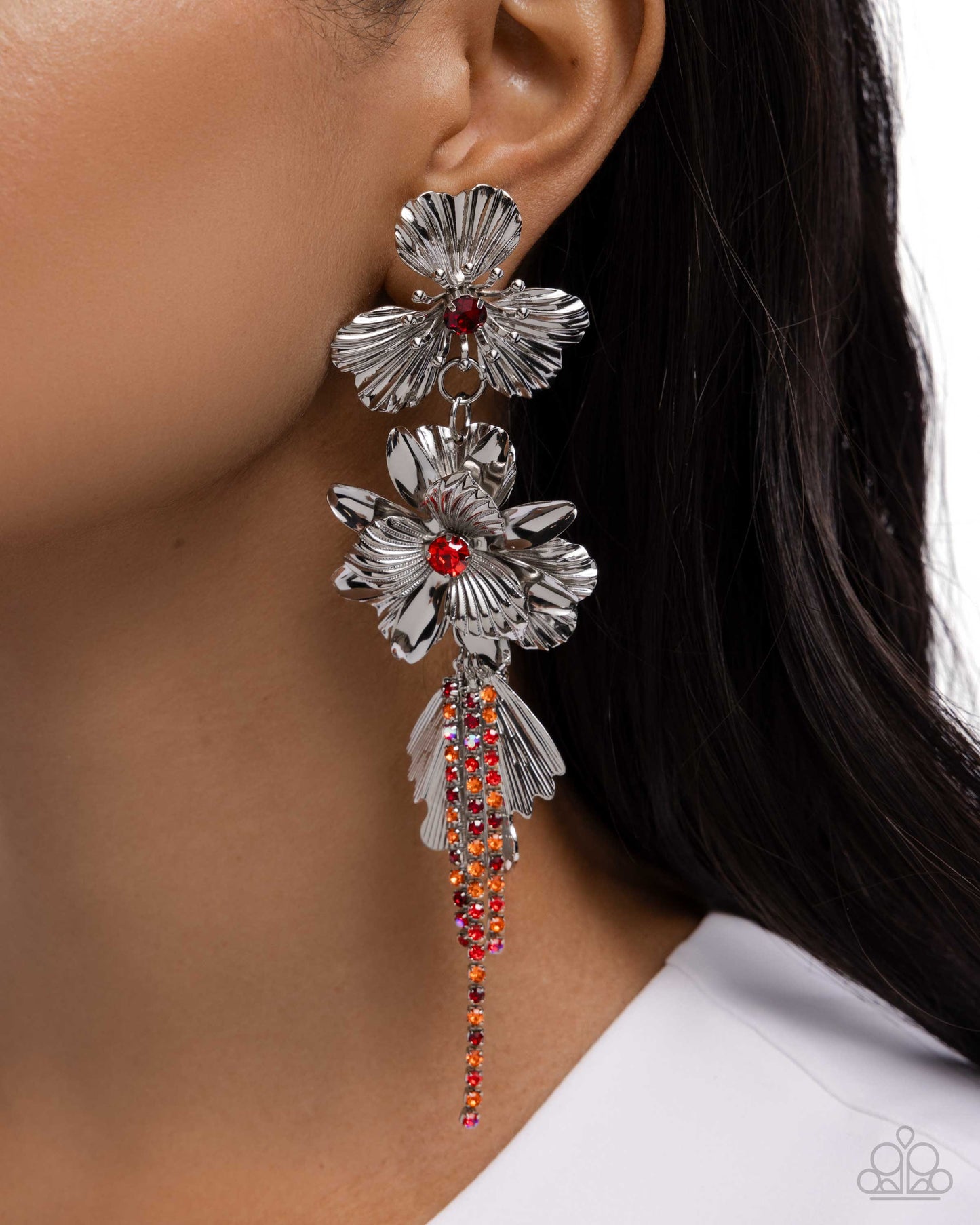 Classical Cadenza - Red Rhinestone Silver Flower Chandelier Style Earring Paparazzi E2512