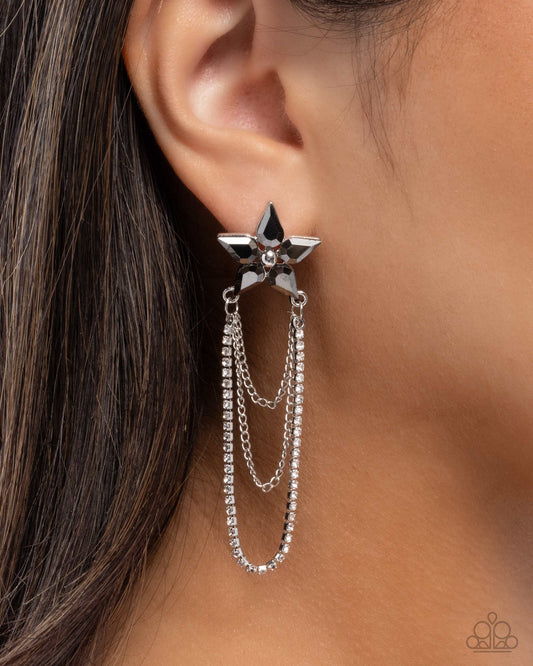 One In A Million Opulence - Silver Hematite Star & White Rhinestone Chain Post Earring Paparazzi E2909