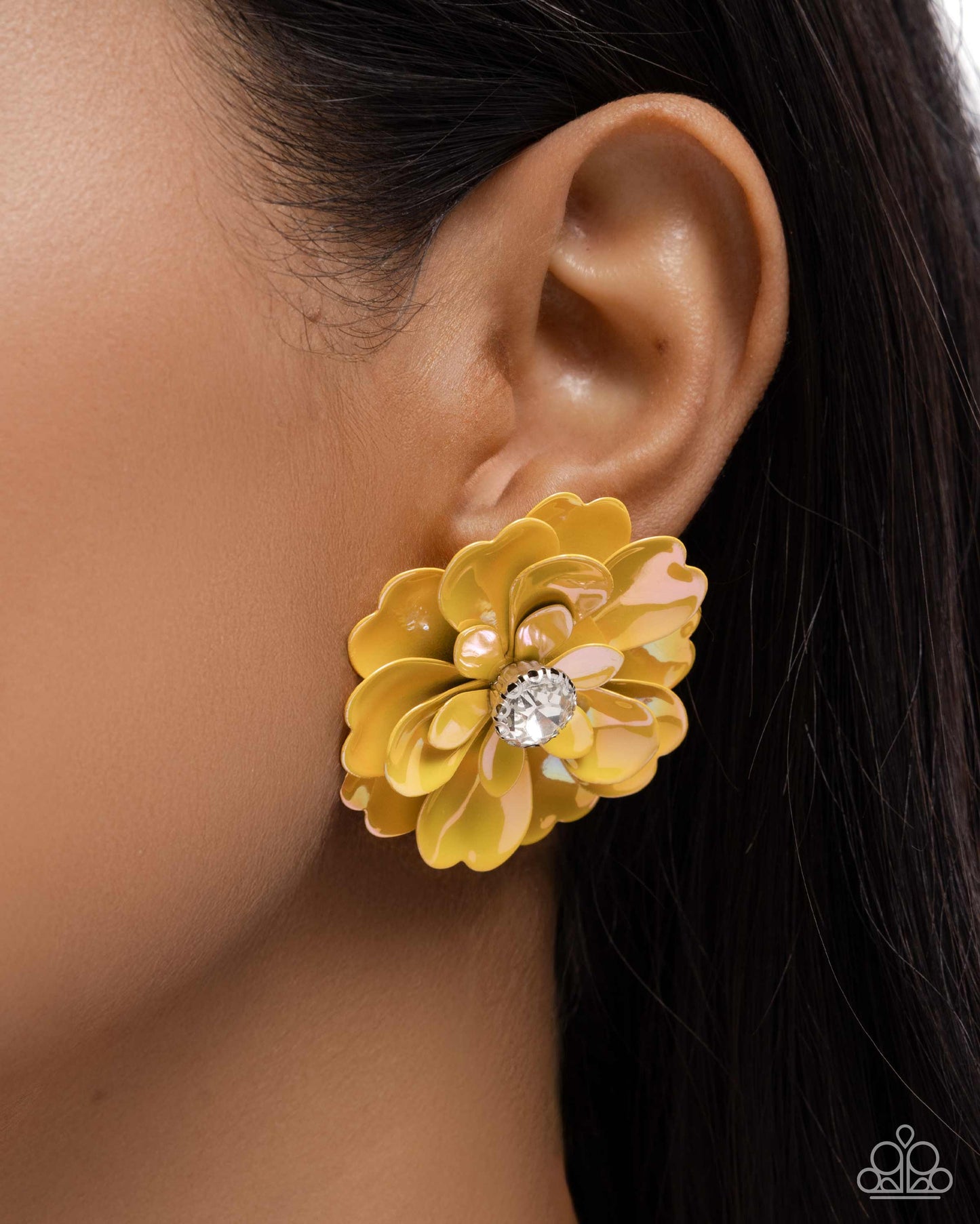Growth Rate - Yellow UV Shimmer Metallic Flower Post Earring Paparazzi E2561