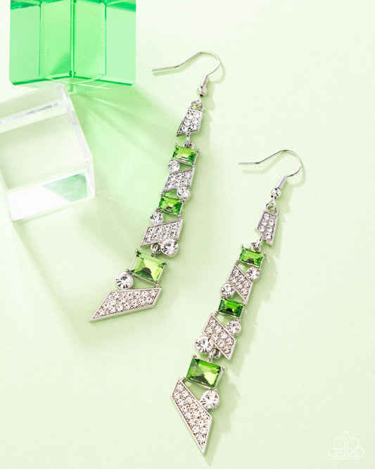Cascading Cred - Green Emerald Gem & White Rhinestone Earring Paparazzi E2722