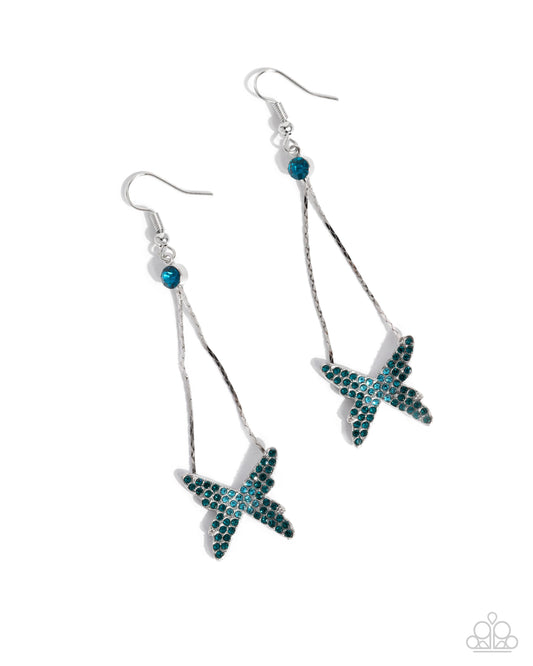 Pick A FLIGHT - Blue & Aquamarine Zircon Rhinestone Silver Butterfly Earring Paparazzi E2870