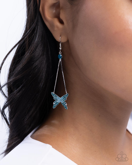 Pick A FLIGHT - Blue & Aquamarine Zircon Rhinestone Silver Butterfly Earring Paparazzi E2870