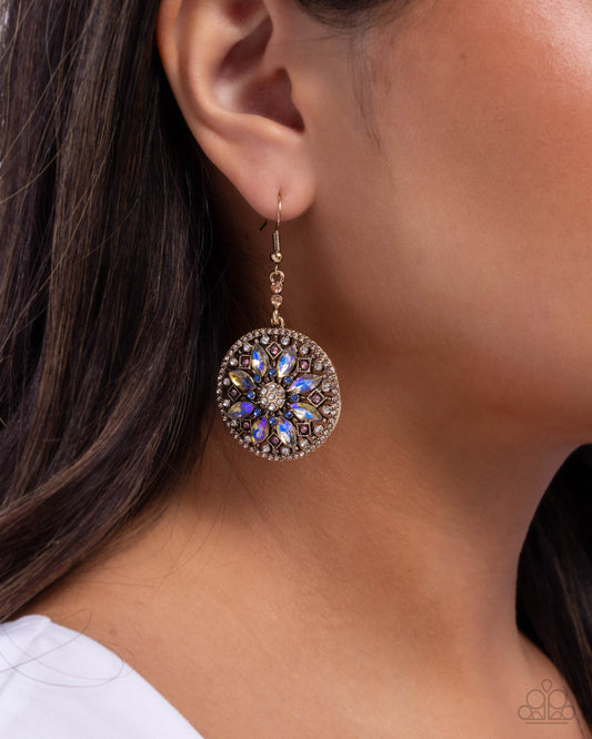 Cathedral Chic - Multi Light Peach, White, Light Rose Rhinestone Antiqued Gold Earring Paparazzi E2972