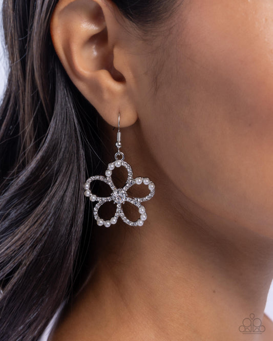 Paramount Pearls - White Rhinestone & Pearl Flower Earring Paparazzi E2668