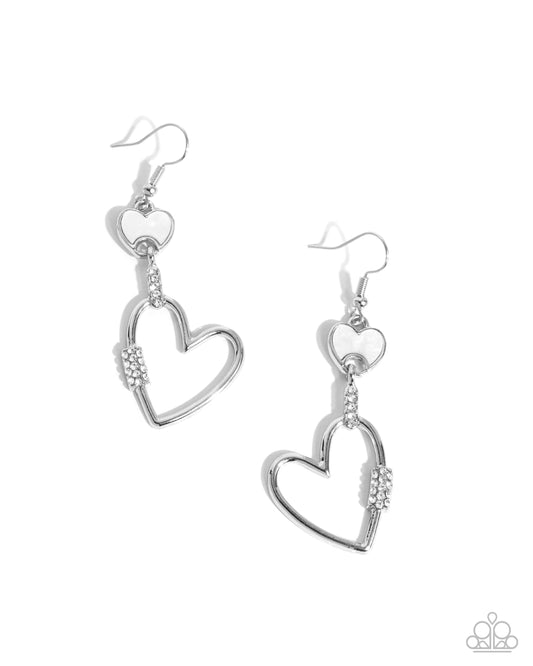Eternally Enamored - White Shell Heart & Silver Tilted Heart Earring Paparazzi E2923