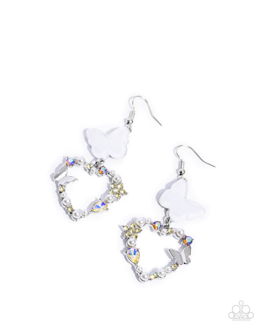 Flirty Flight - Yellow Rhinestone White Butterfly Earring Paparazzi E2639
