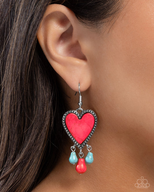 Grandiose Gaze - Red Stone Heart & Turquoise Teardrop Stone Fringe Earring Santa Fe Style Paparazzi E2921
