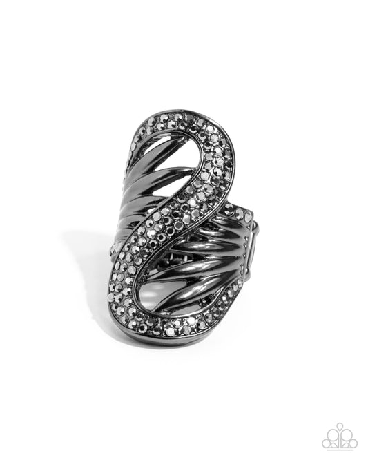 Superstar Spiral - Black Gunmetal & Hematite Rhinestone Ring Paparazzi R0984