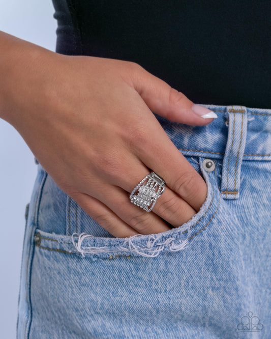 Confident Crisscross - White Rhinestone, Baguette Cut Gem Crisscross Pattern Ring Paparazzi R1110