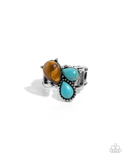 Themed Trio - Brown Tiger Eye & Turquoise Stone Santa Fe Style Ring Paparazzi R0991