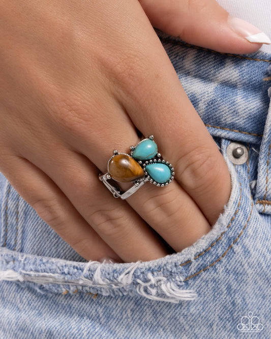 Themed Trio - Brown Tiger Eye & Turquoise Stone Santa Fe Style Ring Paparazzi R0991
