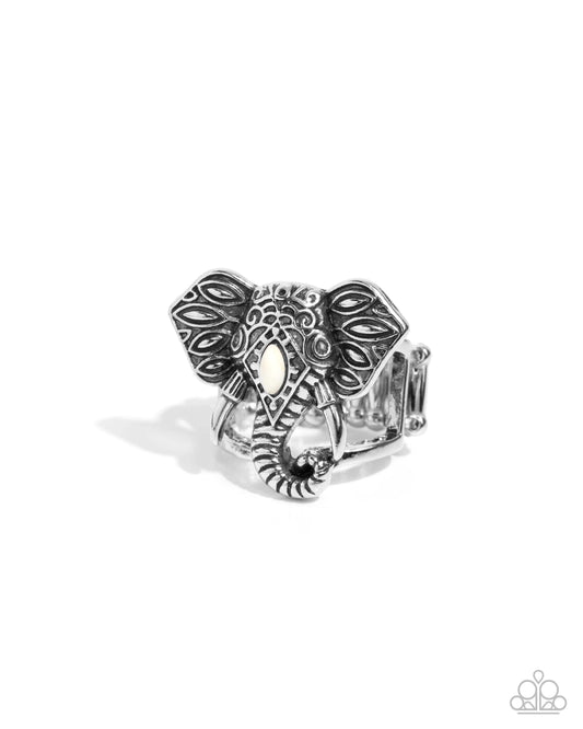 Elephant Erudite - White Stone Silver Elephant Ring Paparazzi