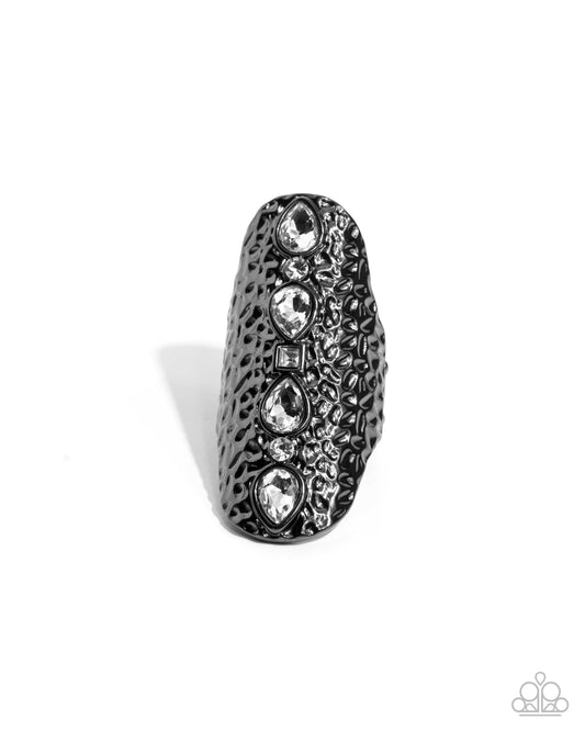 Double Take Dazzle - Black Hammered Gunmetal & White Rhinestone Statement Ring Paparazzi