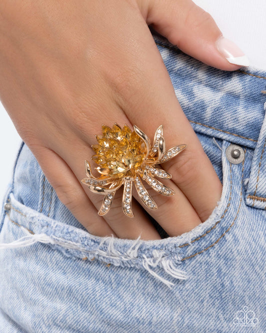Lotus Legacy - Yellow Gem & Gold Lotus Flower Statement Ring Paparazzi R0993