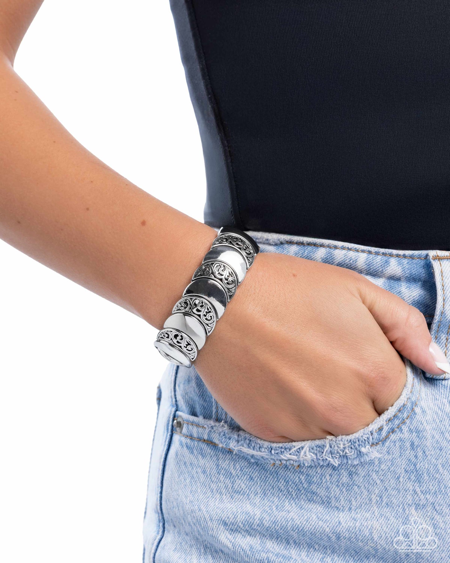 Filigree Flair - Silver Filigree Crescent Moon Stretch Bracelet Paparazzi B1993