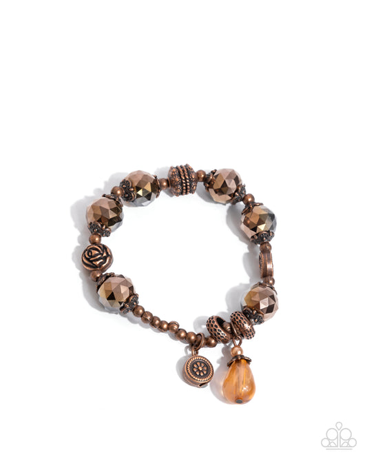 Better Off - Copper Bead, Accents & Floral Charm Stretch Bracelet Paparazzi B2131