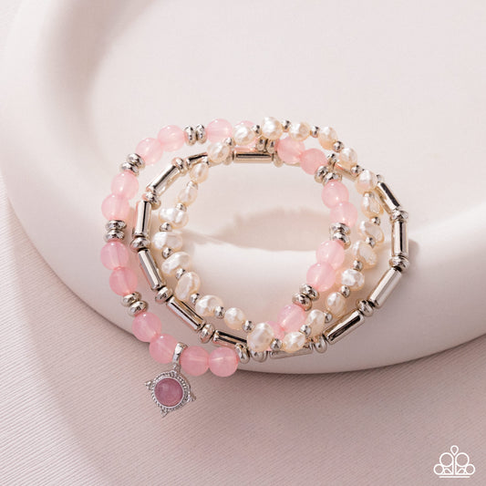 Testing the Waters - Pink, Baby Pink, White Pearl, Silver Bead Set of 3 Stretch Bracelet Paparazzi B2084