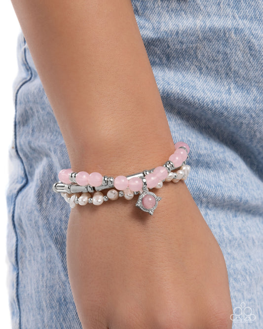 Testing the Waters - Pink, Baby Pink, White Pearl, Silver Bead Set of 3 Stretch Bracelet Paparazzi B2084