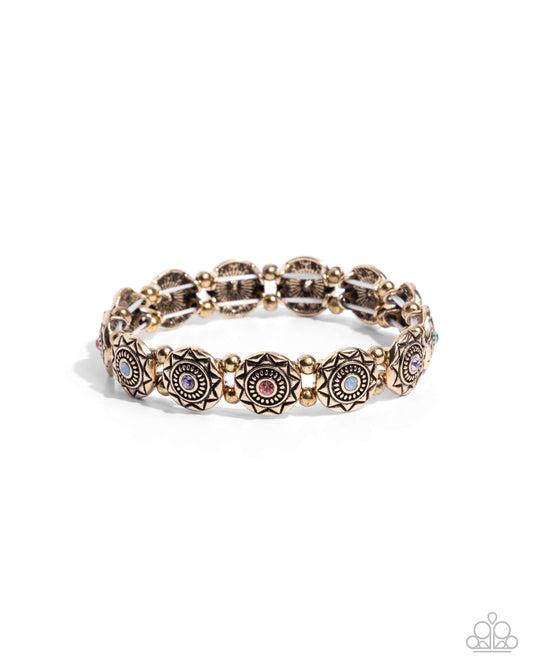 Traveling Texture - Purple, Blue, Peach Gem & Antiqued Gold Stretch Bracelet Paparazzi B2138