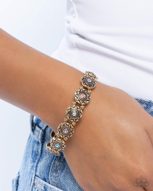 Traveling Texture - Purple, Blue, Peach Gem & Antiqued Gold Stretch Bracelet Paparazzi B2138