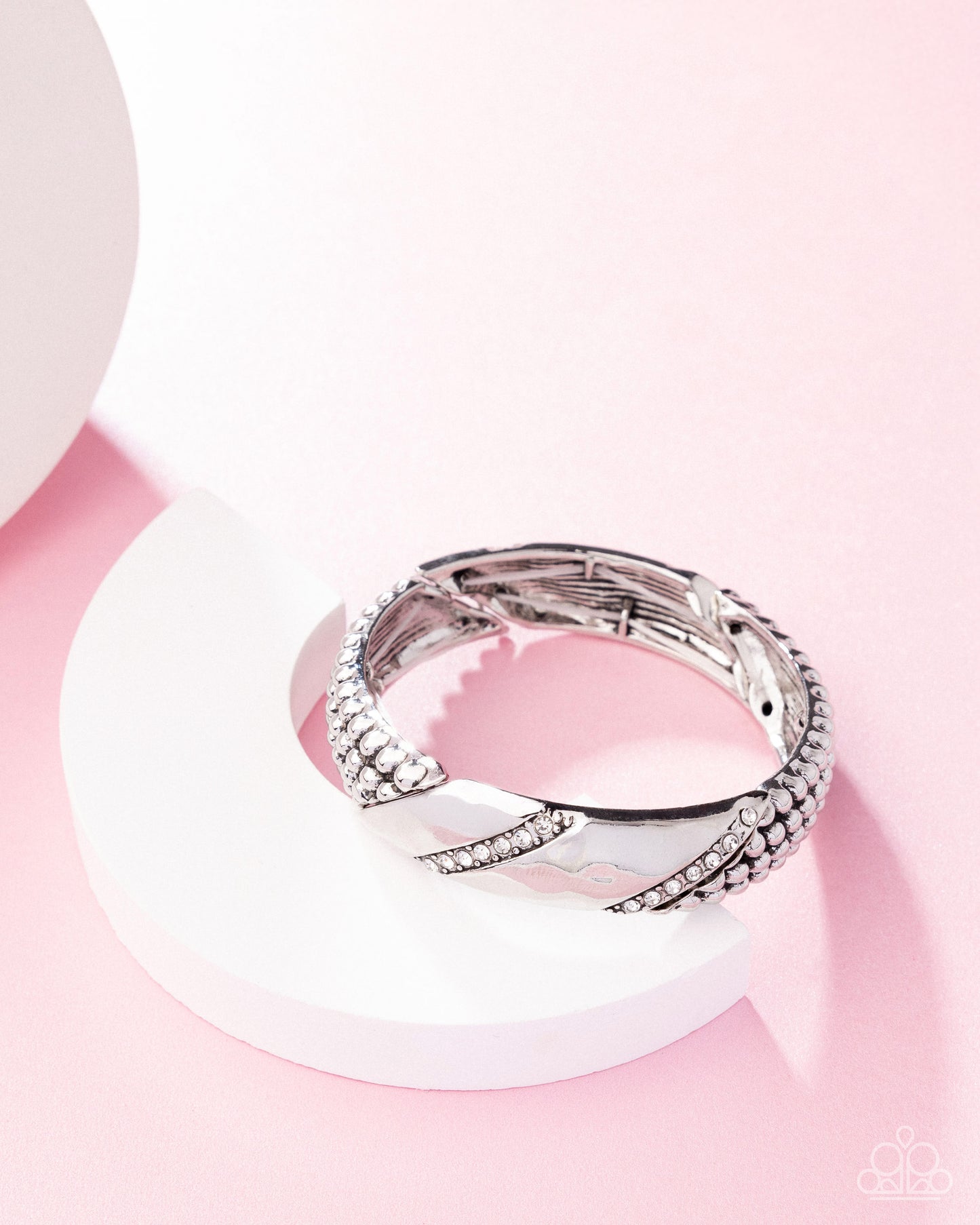 Good Time Grunge - White Rhinestone Silver Stretch Bracelet Paparazzi B2274