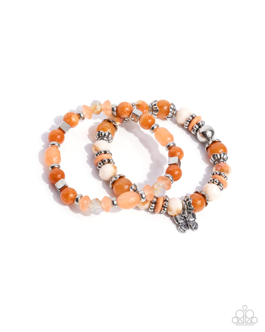 Meaningful Metamorphosis - Orange Stone, Peach Bead & Silver Butterfly Charm Stretch Bracelet Set of 2 Paparazzi B2244