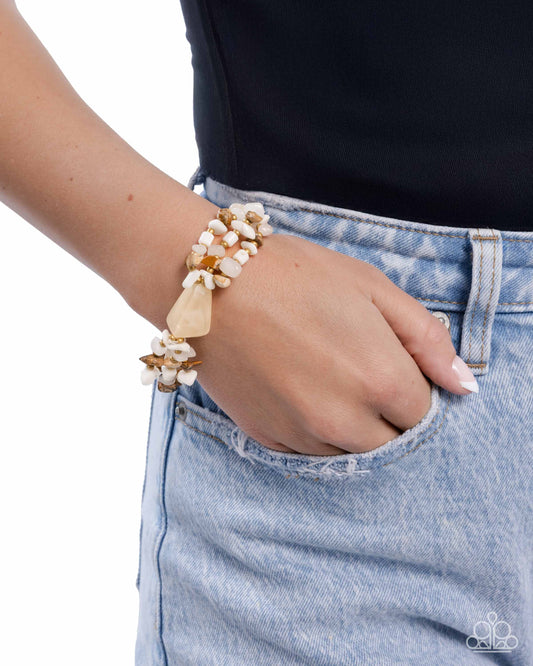 Garden Palette - White Shell, Light Brown, White Stone Stretch Bracelet Paparazzi B0439