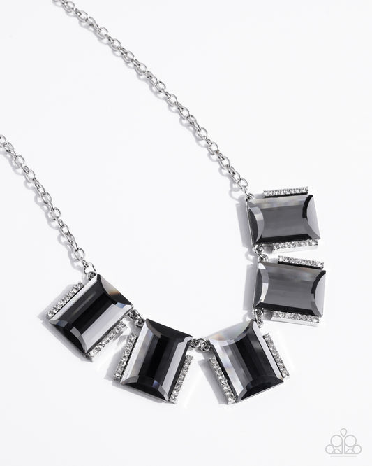 Rebel Racket - Silver Smoky Emerald Gem & White Rhinestone Necklace Paparazzi N3202