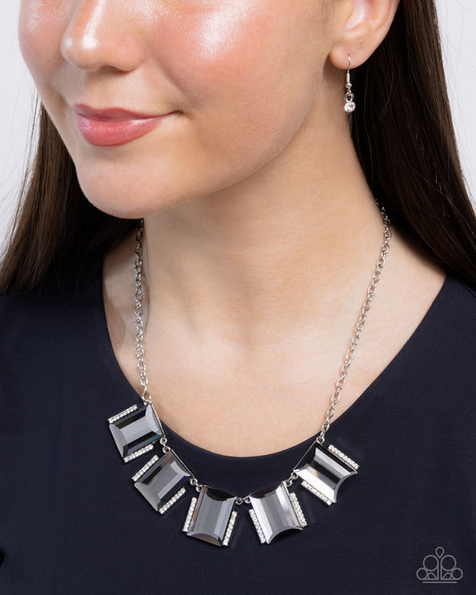 Rebel Racket - Silver Smoky Emerald Gem & White Rhinestone Necklace Paparazzi N3202