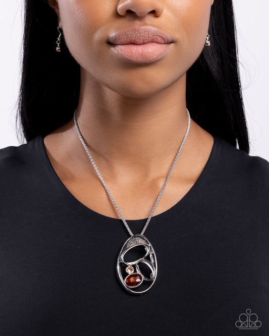 Dramatic Destiny - Brown Topaz, Light Peach, White Rhinestone Silver Pendant Necklace Paparazzi N3447