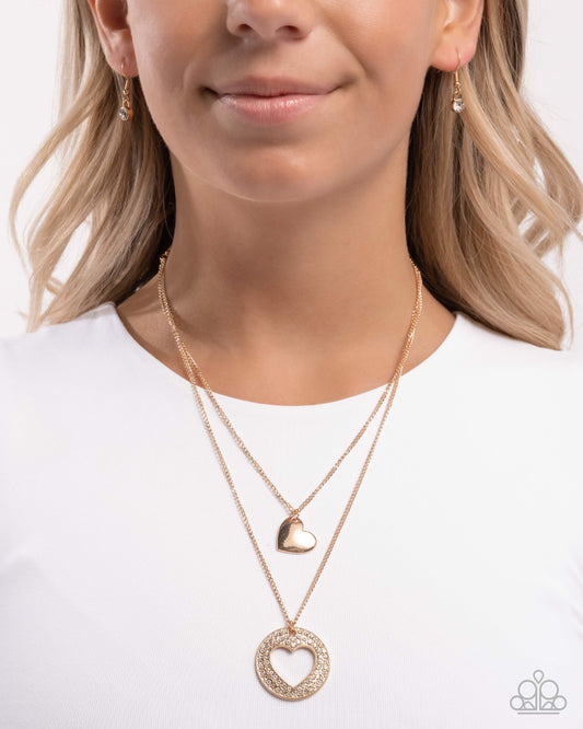 Matchmaker Mural - Gold & White Rhinestone Heart Layered Necklace Paparazzi