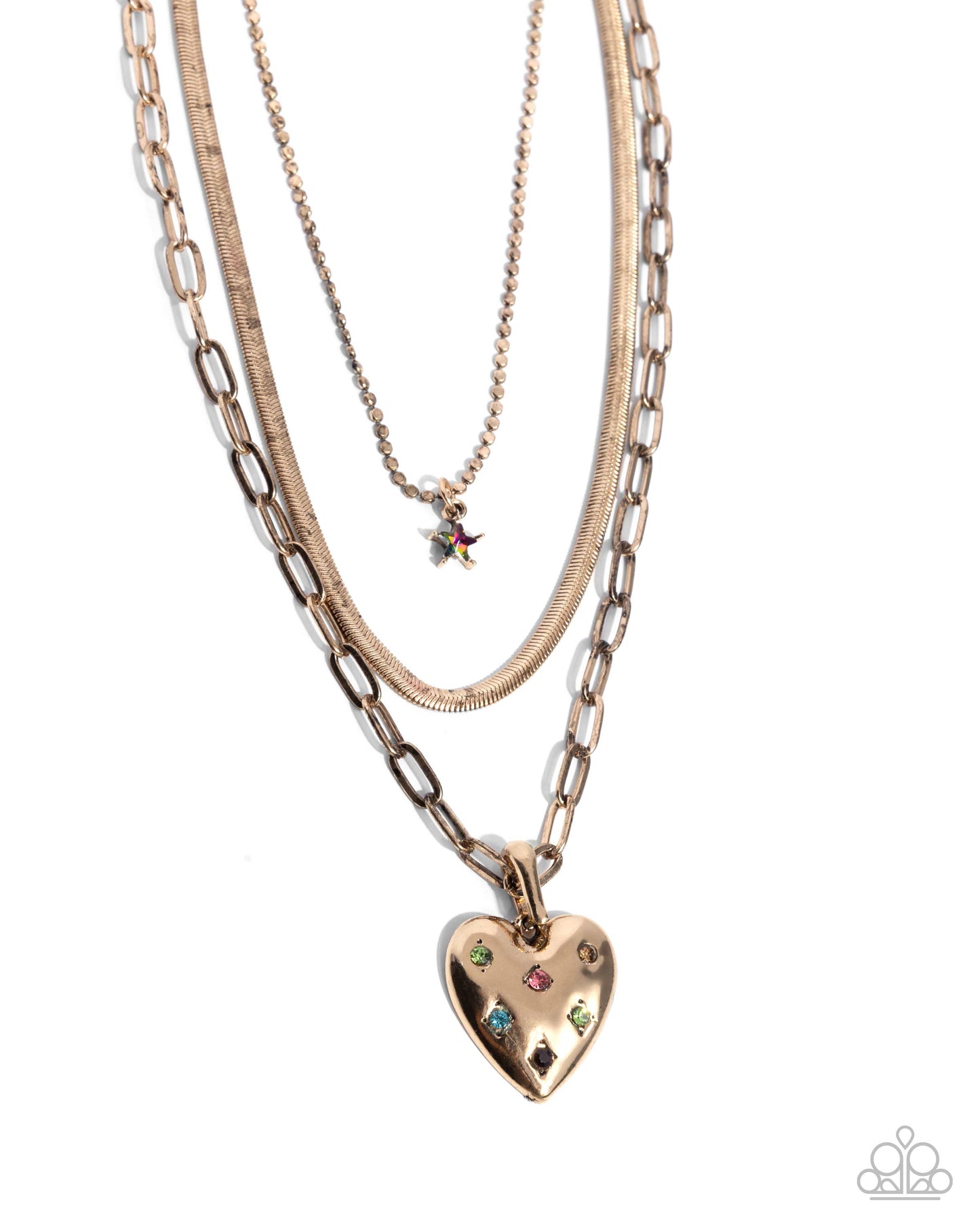 Self-Love - Multicolored Rhinestone Heart Gold Layered Necklace Paparazzi N3530