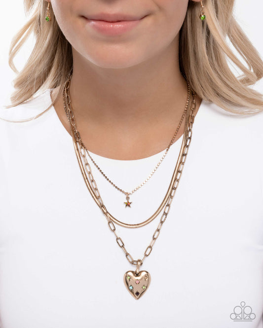 Self-Love - Multicolored Rhinestone Heart Gold Layered Necklace Paparazzi N3530