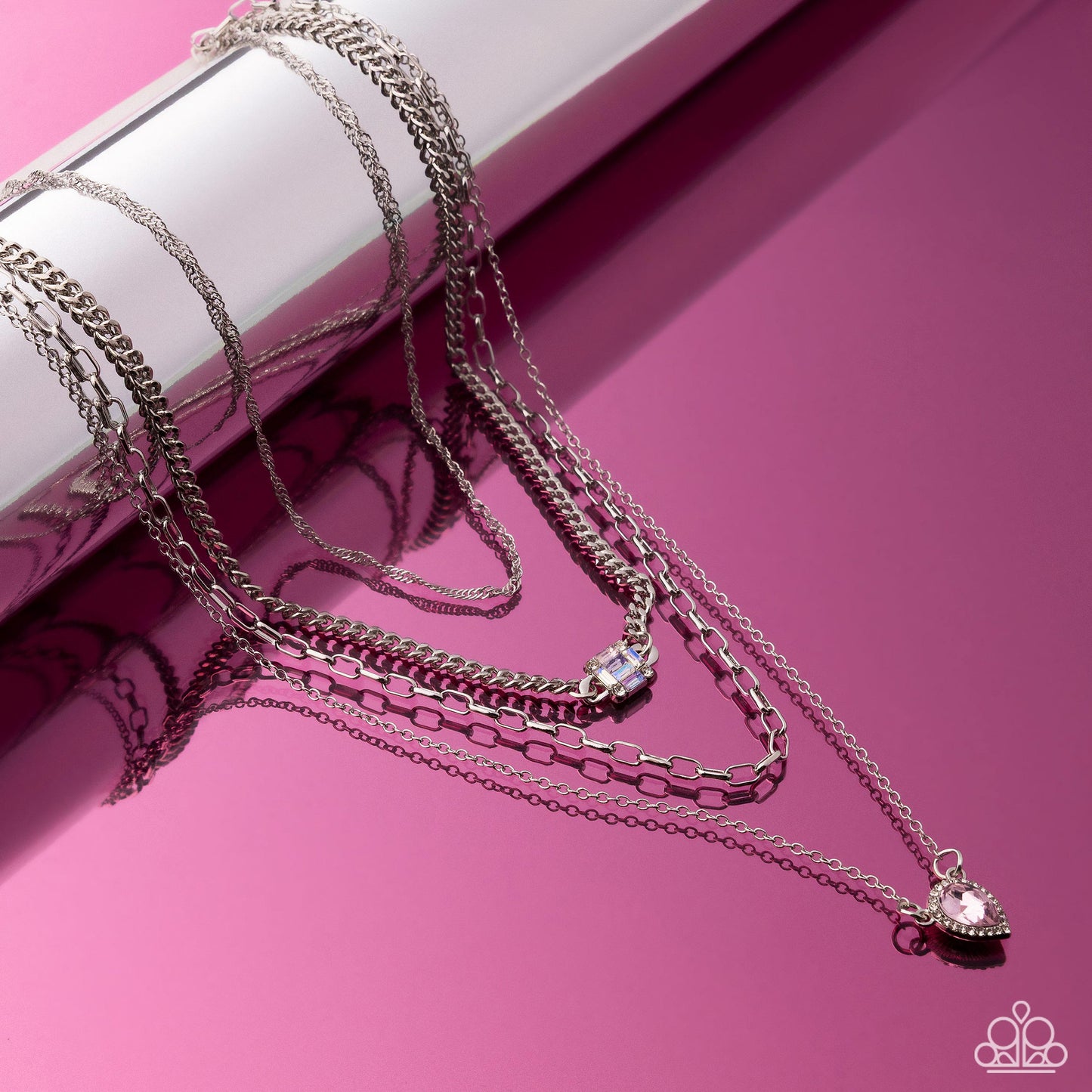 Radiant Rows - Pink Teardrop Gem Multi Layered Chain Necklace Paparazzi N3482
