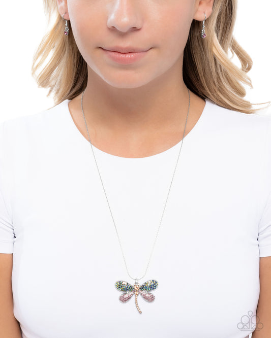 Dragonfly Defiance - Purple - Light Amethyst Iridescent & Blue Green Rhinestone Dragonfly Pendant Necklace Paparazzi N3234