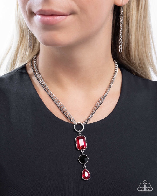 I Like Me Better - Red Gem, Black Rhinestone & Silver Chain Layered Necklace Paparazzi N1717