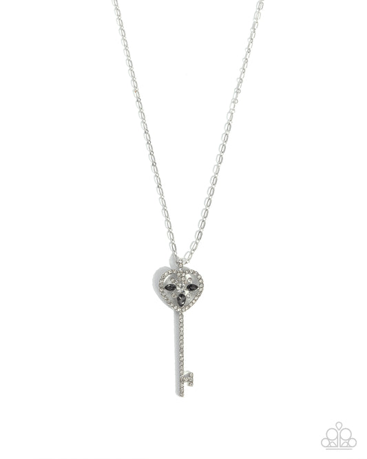 Key Candidate - Silver White Rhinestone Key Necklace Paparazzi