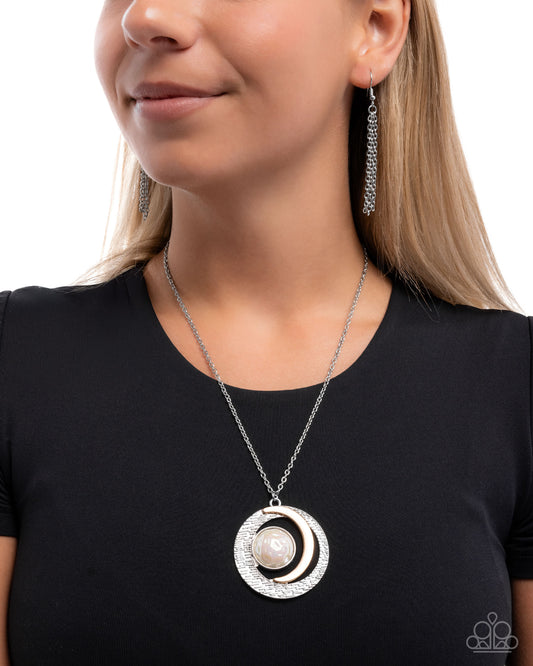 Lunar Month - White Iridescent Ivory Bead, Silver Frame & Gold Crescent Moon Pendant Necklace Paparazzi N3481