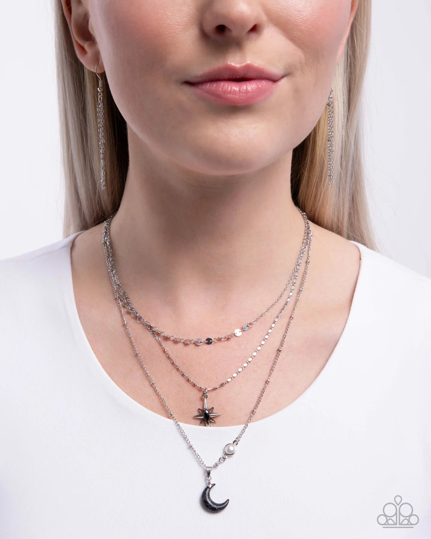 Paparazzi Cosmic Clinch - Black Gem Moon Star Silver Layered Short Necklace N3918