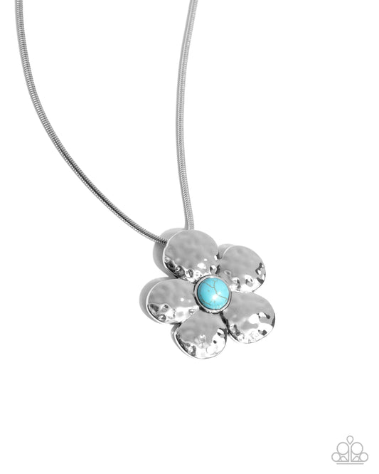 Tasteful Texture - Blue Turquoise Stone & Hammered Silver Flower Necklace Paparazzi