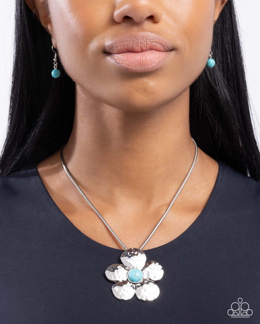 Tasteful Texture - Blue Turquoise Stone & Hammered Silver Flower Necklace Paparazzi