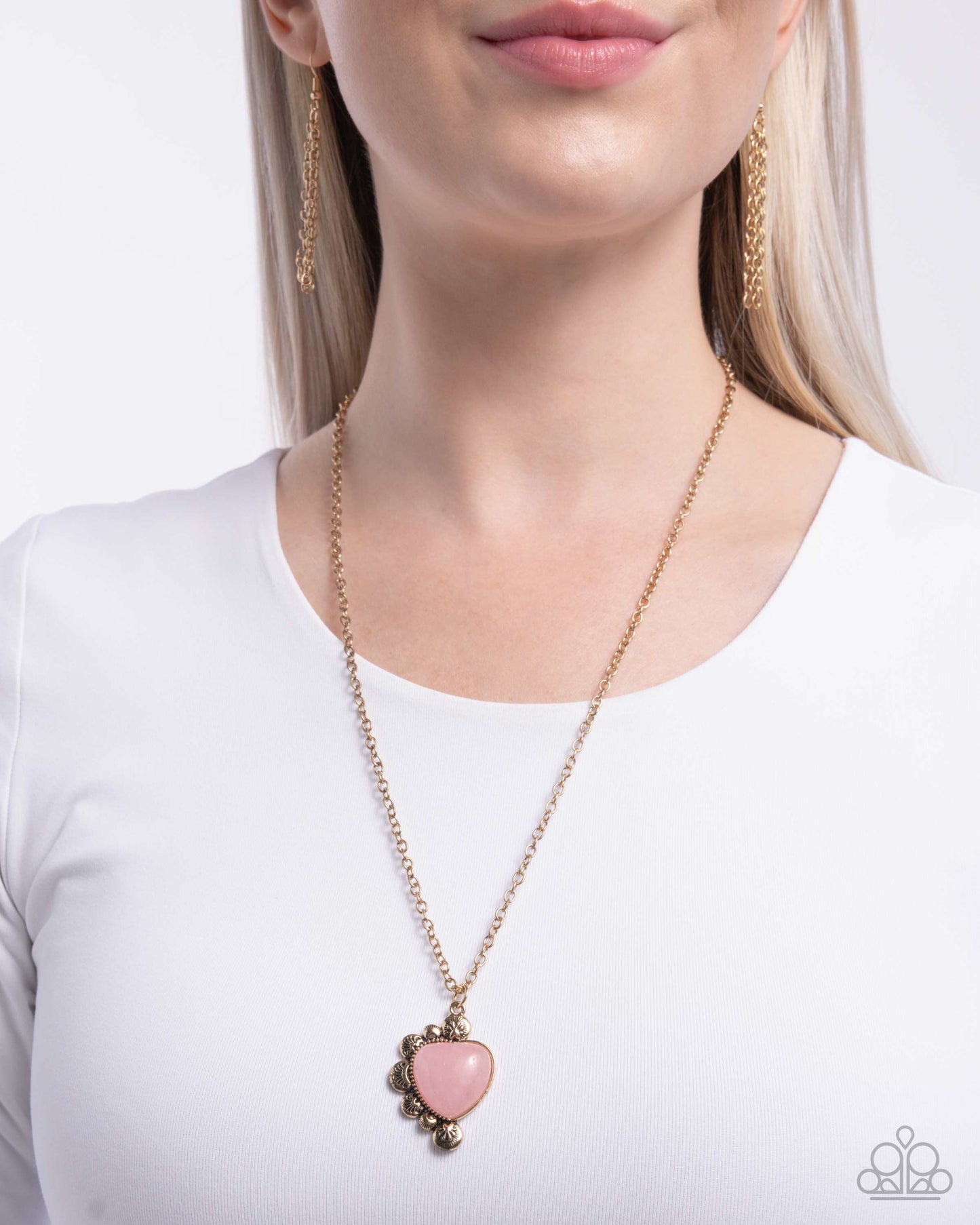 Something So BRIGHT - Pink Stone Heart Sand Dollar Gold Charm Inspired Beach Vibe Necklace Paparazzi N3555