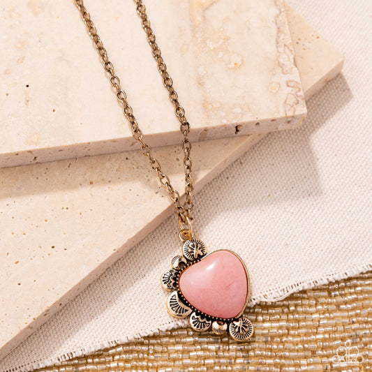 Something So BRIGHT - Pink Stone Heart Sand Dollar Gold Charm Inspired Beach Vibe Necklace Paparazzi N3555