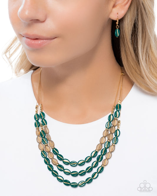 Paparazzi Playful Passage - Green Aventurine, Brown Oval Bead & Gold Chain Layered Necklace