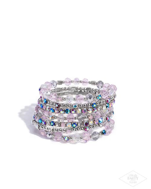 Sizzling Stack - Multi Pink Iridescent Rhinestone Bead Silver Coil Bracelet Life Of The Party Pink Diamond Exclusive Paparazzi B2464