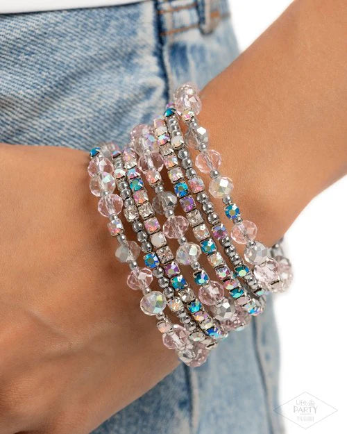 Sizzling Stack - Multi Pink Iridescent Rhinestone Bead Silver Coil Bracelet Life Of The Party Pink Diamond Exclusive Paparazzi B2464